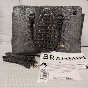 Brahmin Finley Carry Top zipper, center zip pocket divider, removable strap.